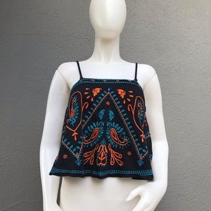 Free People Blue Embroidered Cropped Tank